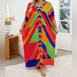 New Edolynsa Kaftan Maxi Beach Dress Multi-Color Block One Size Caftan Cruise